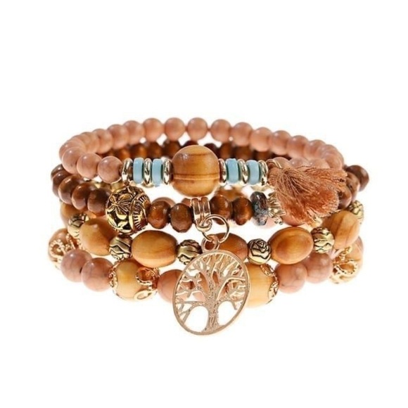 NWT Tree Of Life Cream Brown Tan Beaded Bracelet - Picture 1 of 3